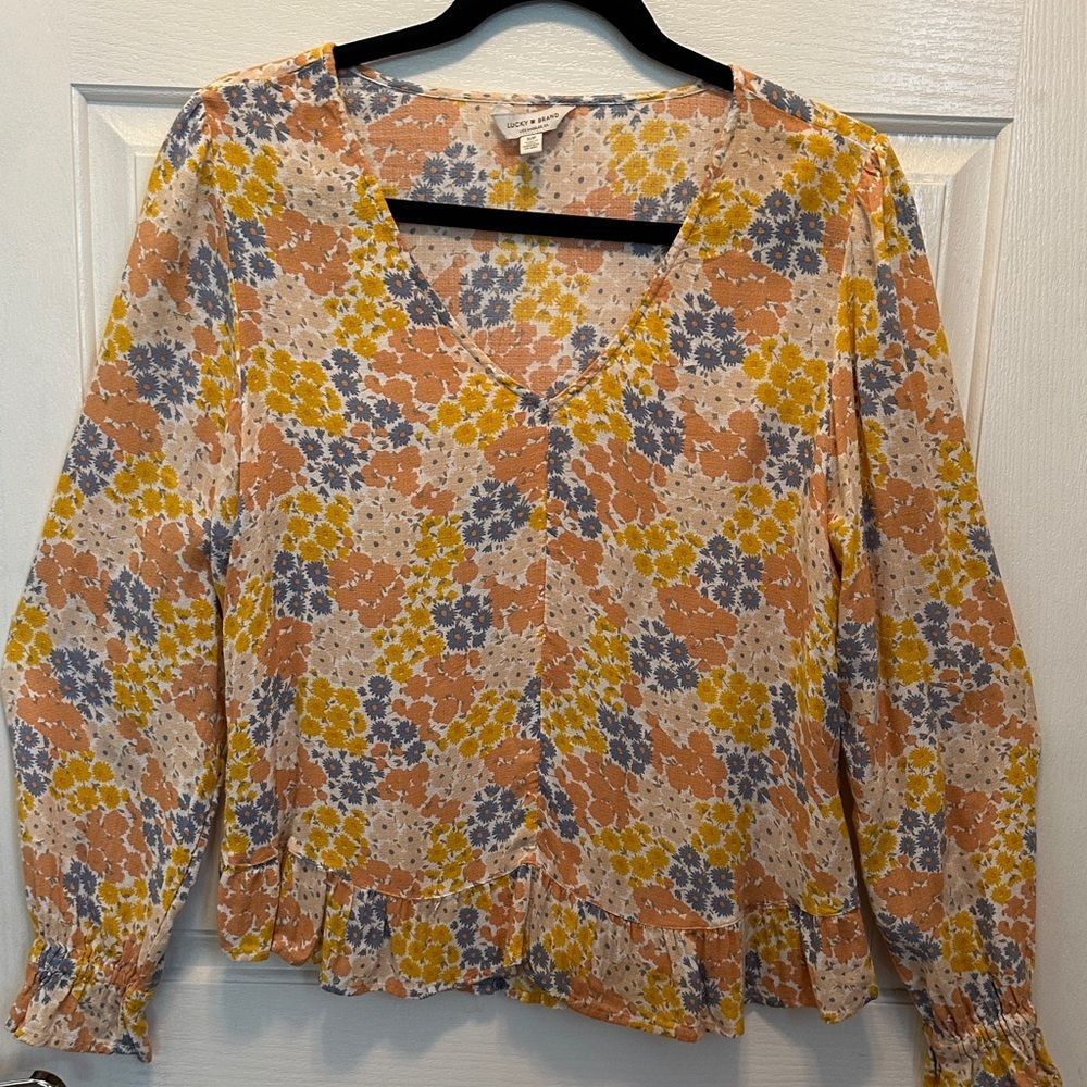 Lucky Brand Peach Floral V-Neck Peplum Blouse with Yellow & Blue Flowers Small